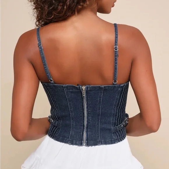 NWT Lulus Dark Wash Denim Cropped Cami Corset Medium - Picture 2 of 10